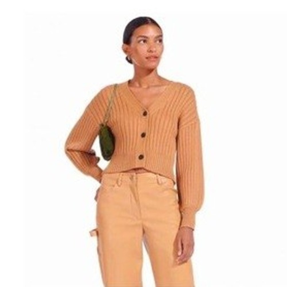 STAUD Womens Eloise Ribbed Knit Cardigan V-Neck Size M Camel Brown Button Front